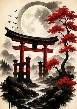 Japanese Landscape with Torii Gate and Moon