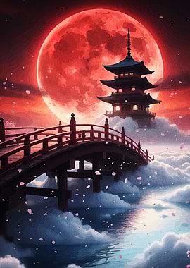Japanese Pagoda with Red Moon