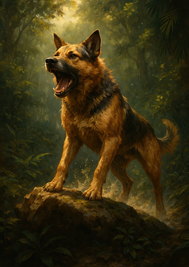 German Shepherd Dog Roaring in Forest