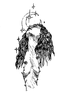 Woman, Moon, and Stars Ink Drawing