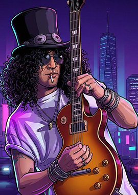 Slash with Guitar in Cityscape