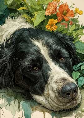 Springer Spaniel On Flowers