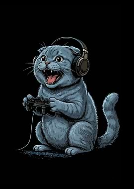 Gamer Cat with Headset and Controller