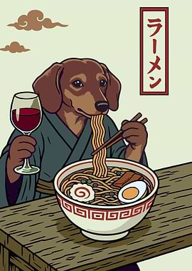 Dachshund Eating Ramen with Wine