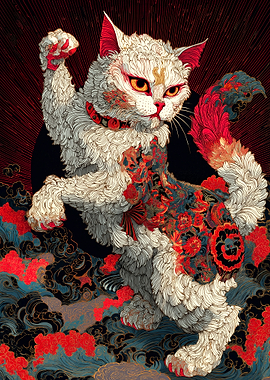 Ornate Cat Illustration with Japanese Style