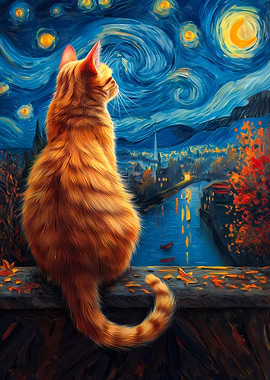Cat gazing at Starry Night scenery