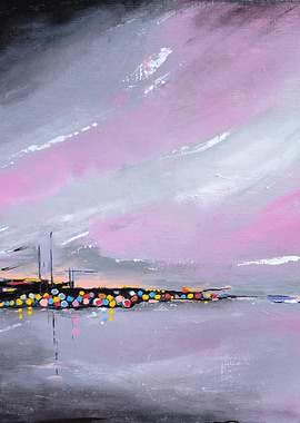 Abstract Cityscape Painting with Pink Sky