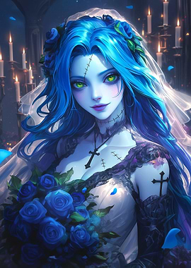 Blue-Haired Corpse Bride with Roses