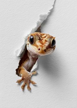 Gecko Peeking Through Torn Paper