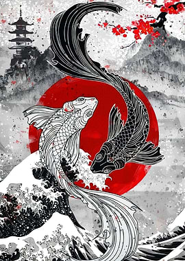 Yin Yang Koi Fish Japanese Art