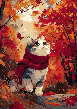 Autumn Cat with Scarf