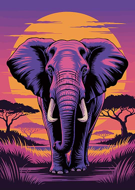 Elephant in African Sunset Illustration