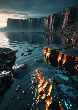 Molten Coastline at Dusk — Fiery Fissures and Towering Cliffs