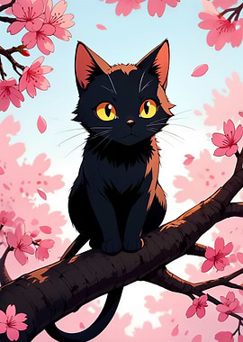 Black Cat in Cherry Blossom Tree