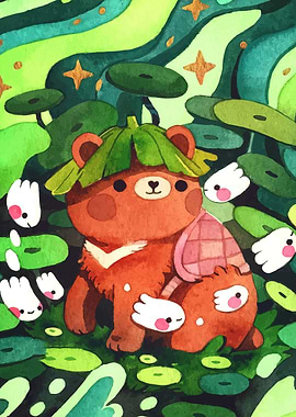 Cute Bear and Turtle Watercolor Illustration