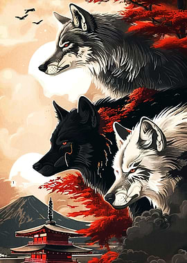 Three Wolves and Japanese Landscape