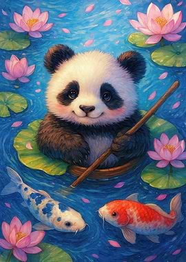 Panda in a Boat with Koi