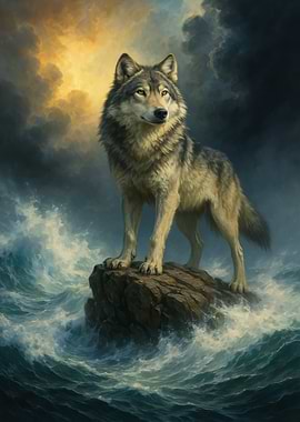 Wolf on a Rock in the Sea