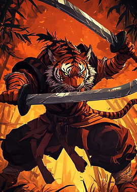 Tiger Samurai Warrior with Dual Swords