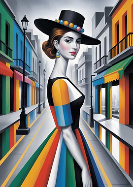 Elegant Woman in Colorful Cityscape Painting