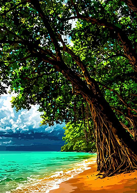 Tropical Beach with Lush Trees