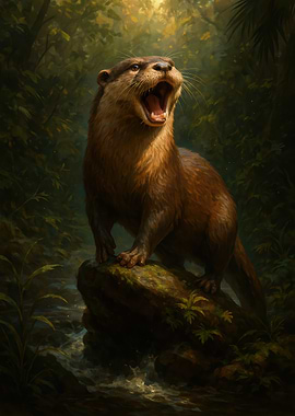 Otter on Rock in Forest