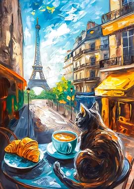 Cat in Paris Cafe Painting