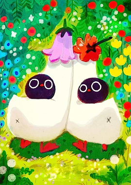 Whimsical Ducklings in Floral Meadow