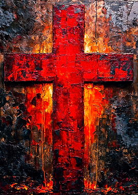 Fiery Abstract Red Cross Art