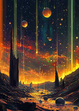 Alien Landscape with Celestial Orbs