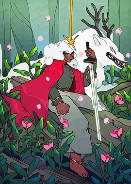 Warrior and White Wolf in Forest