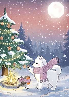 Winter Friends Decorating Christmas Tree