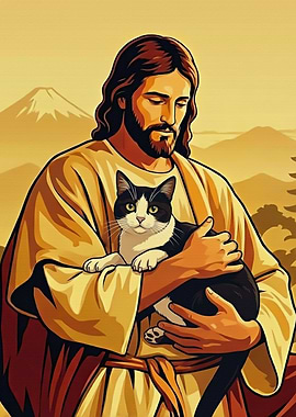 Jesus holding a cat illustration