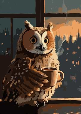 Owl with Coffee by the Window