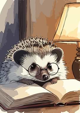Hedgehog Reading Book with Glasses