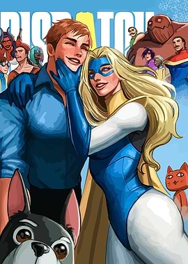 Superhero couple with pets and friends
