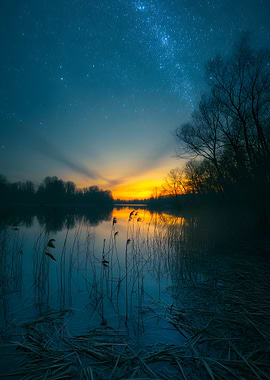 Night Lake Landscape with Starry Sky