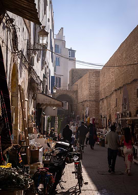 Moroccan street scene with market stalls