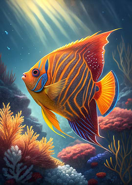 Colorful Flame Angelfish in Coral Reef