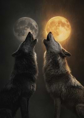 Two Wolves Howling at the Moon