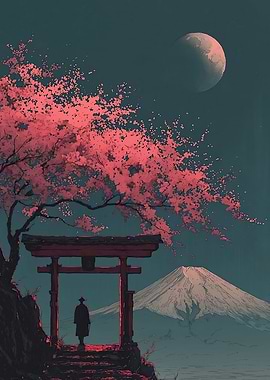 Japanese landscape with Torii gate and samurai