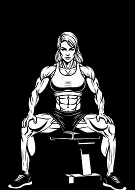 Female Bodybuilder on Bench, Black and White