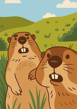Cartoon Beavers in a Field