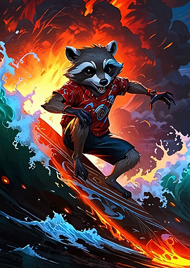 Surfing Raccoon on Fiery Waves