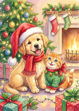 Christmas Pets by the Fireplace