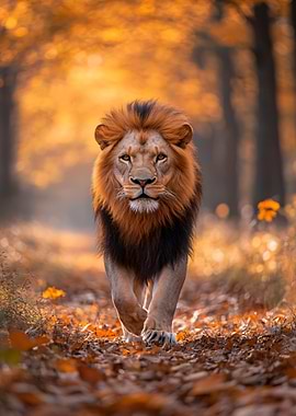 Majestic Lion Walking in Autumn Forest