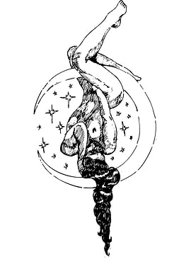 Woman on Moon Ink Drawing
