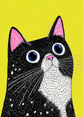 Cartoon Cat Portrait on Yellow Background