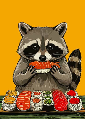 Raccoon eating sushi illustration