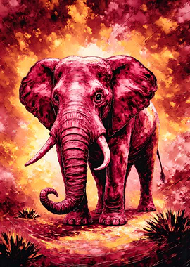Crimson Elephant in Fiery Landscape